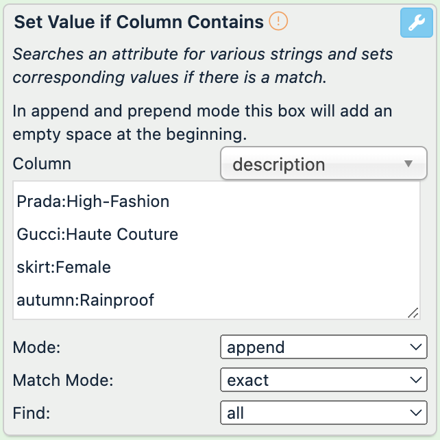 Column: description; text input area: "Prada:High-Fashion Gucci:Haute Couture skirt:Female autumn:Rainproof"; Mode: append; Match Mode: exact; Find: all