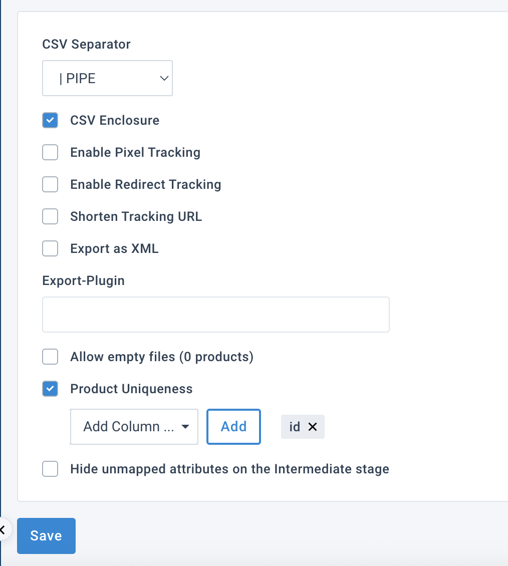 The Settings tab in Exports