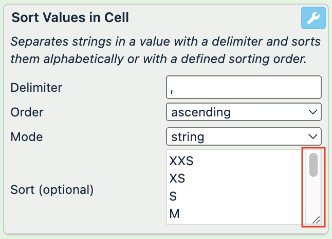 Delimiter: ", "; Mode: string; Sort (optional): "XXS XS S M L XL XXL XXXL". the sorting order is new-line separated