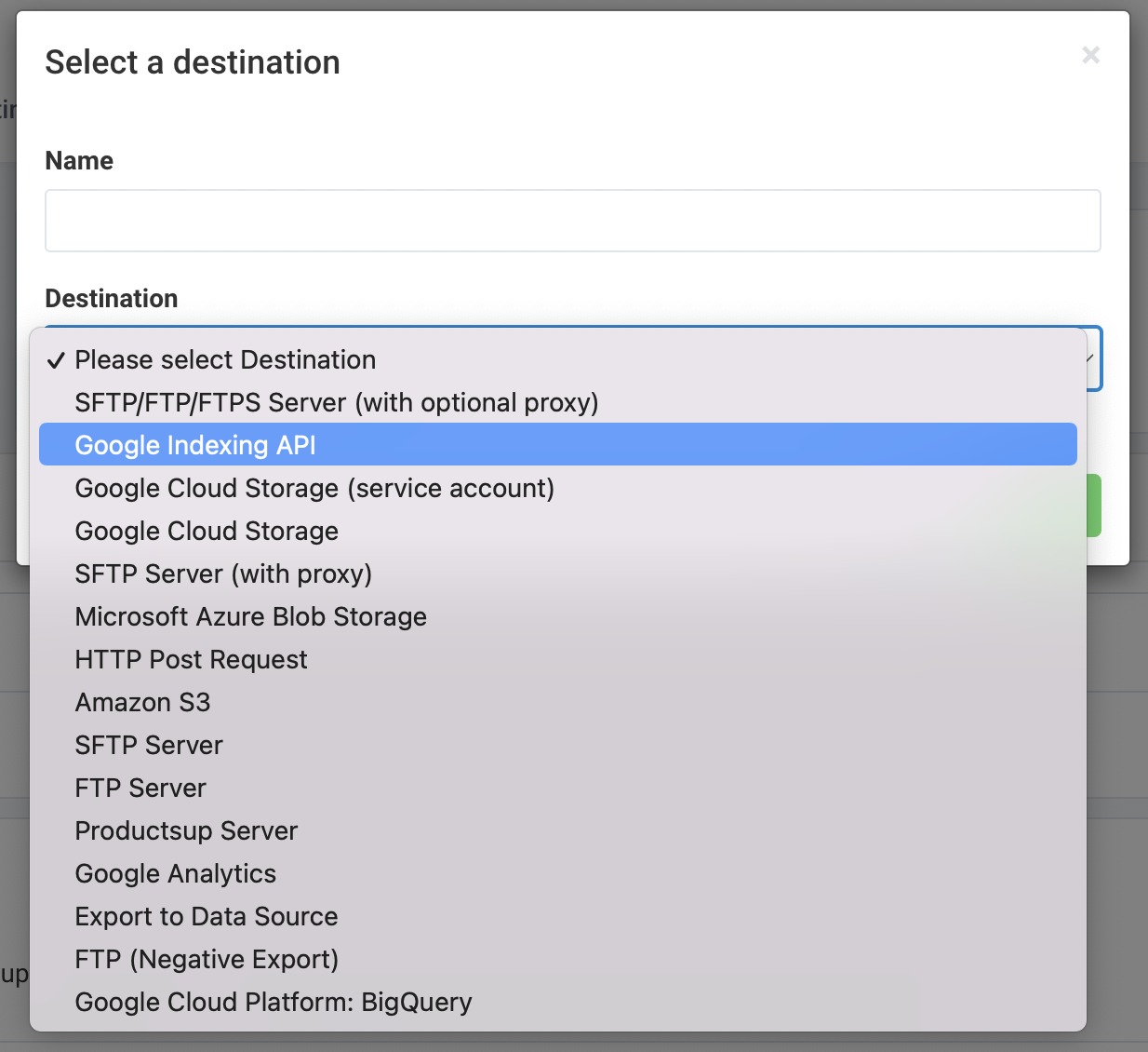 Selecting Google Indexing API as the export destination