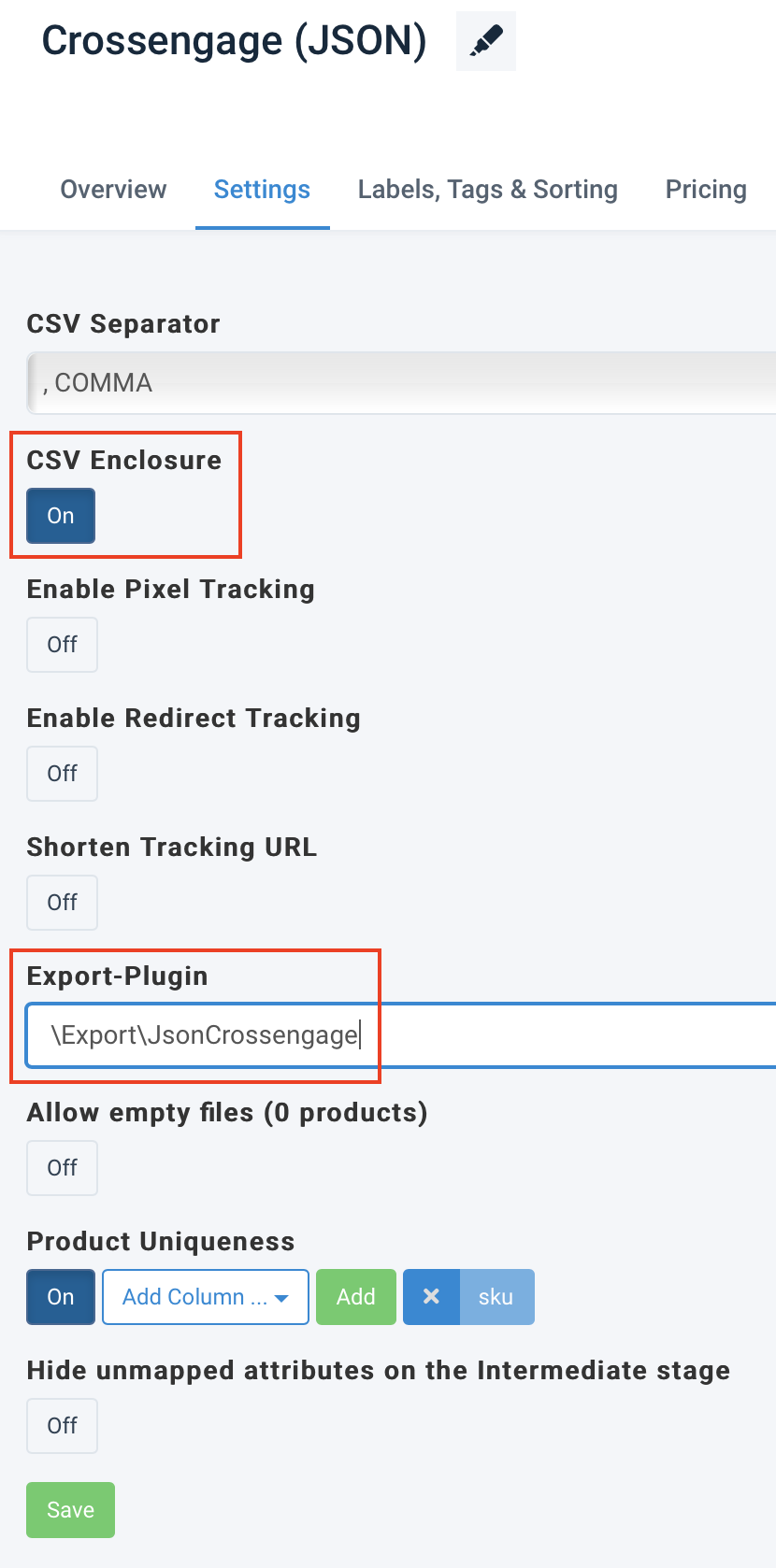 Add Export-Plugin values to activate the CrossEngage (JSON) export in Productsup