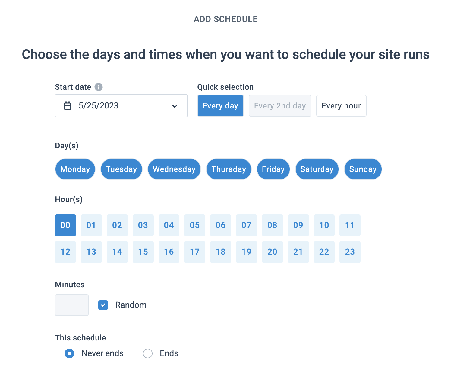 Schedule setup to run a site every day at midnight