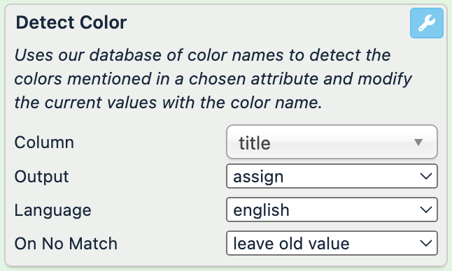 Column: title, Output: assign, Language: english, On No Match: leave old value