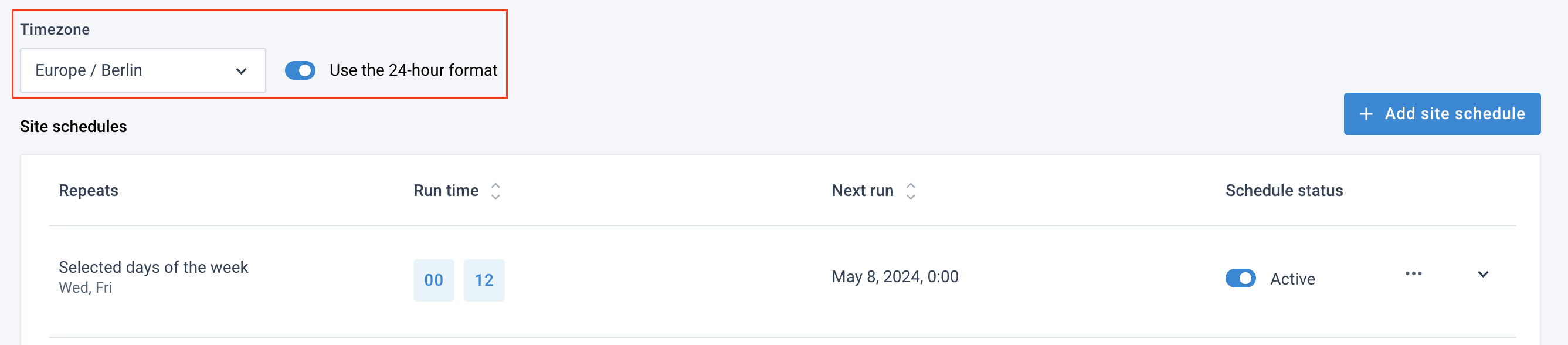 Use the Timezone drop-down menu and the toggle Use the 24-hour format