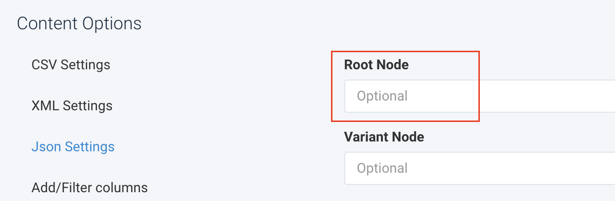 The Root Node field in Json Settings