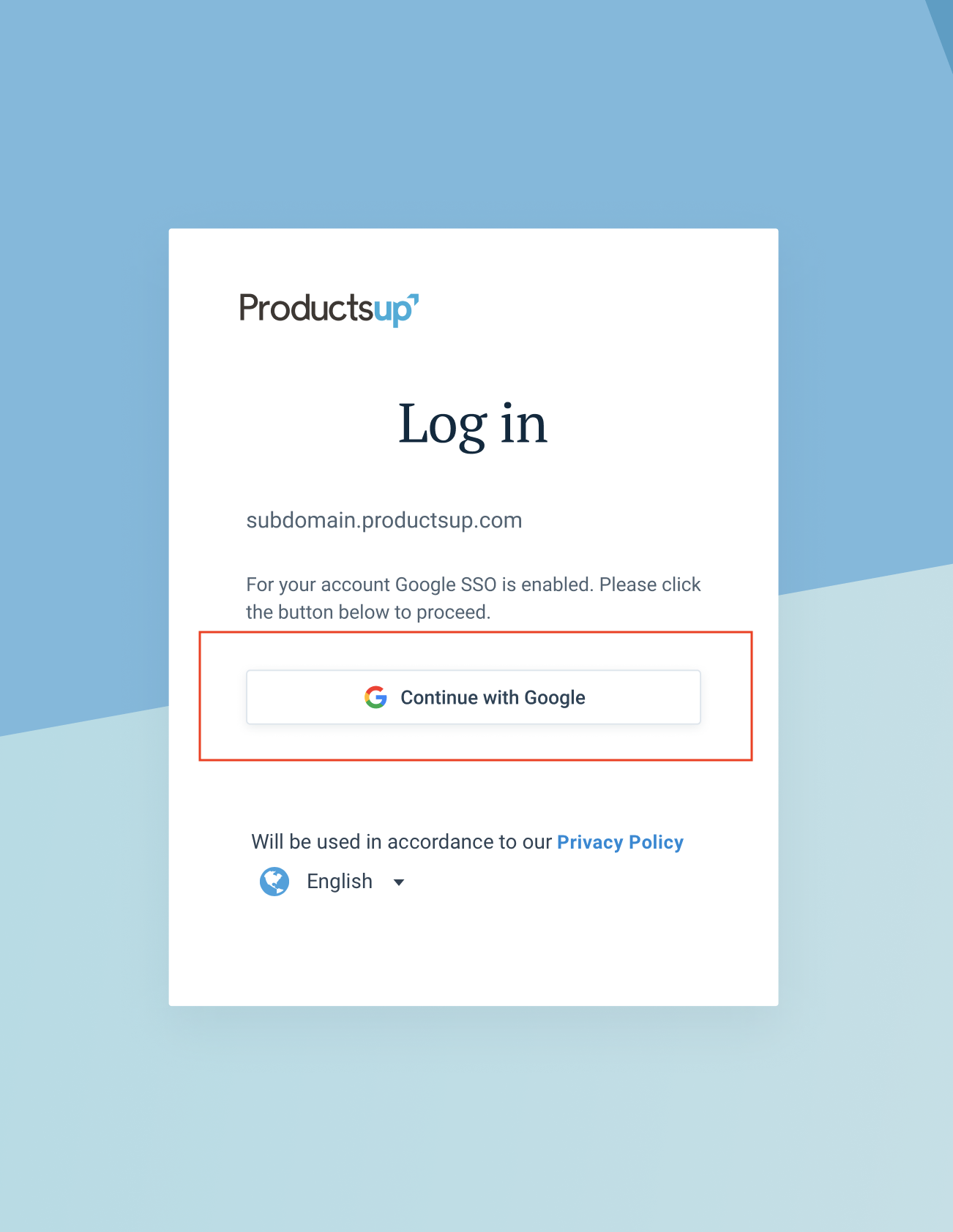 Productsup platform SSO login, as set by an admin