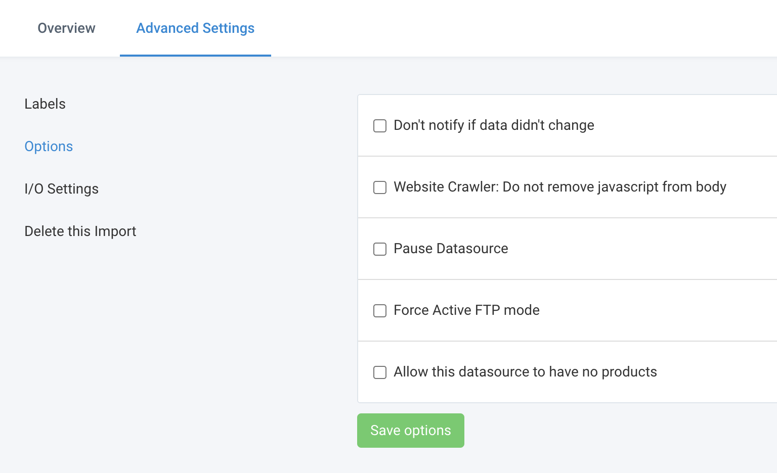 The Options section of the Advanced Settings tab in the data source setup