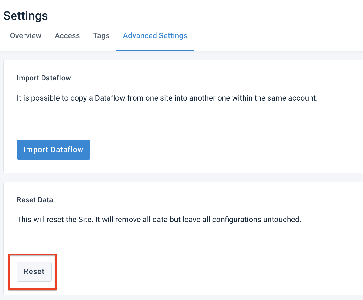 Reset data in Settings
