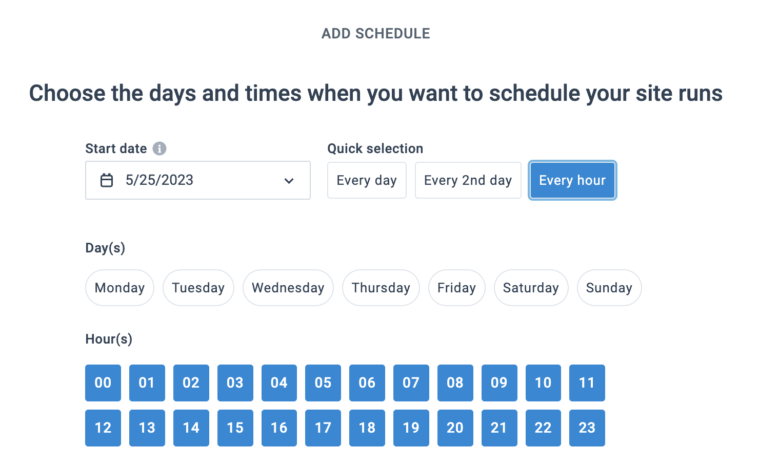 Schedule setup to run a site every 15 minutes (4 schedules required)