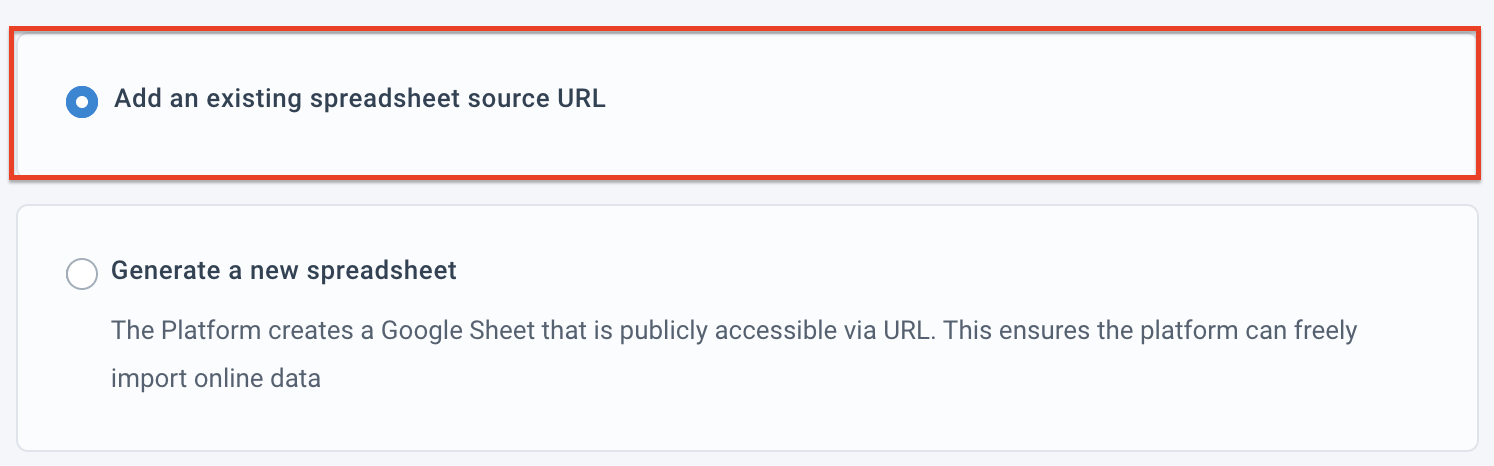 Add an existing spreadsheet source URL