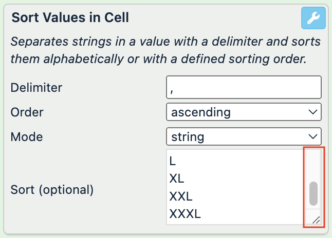 Delimiter: ", "; Mode: string; Sort (optional): "XXS XS S M L XL XXL XXXL". the sorting order is new-line separated