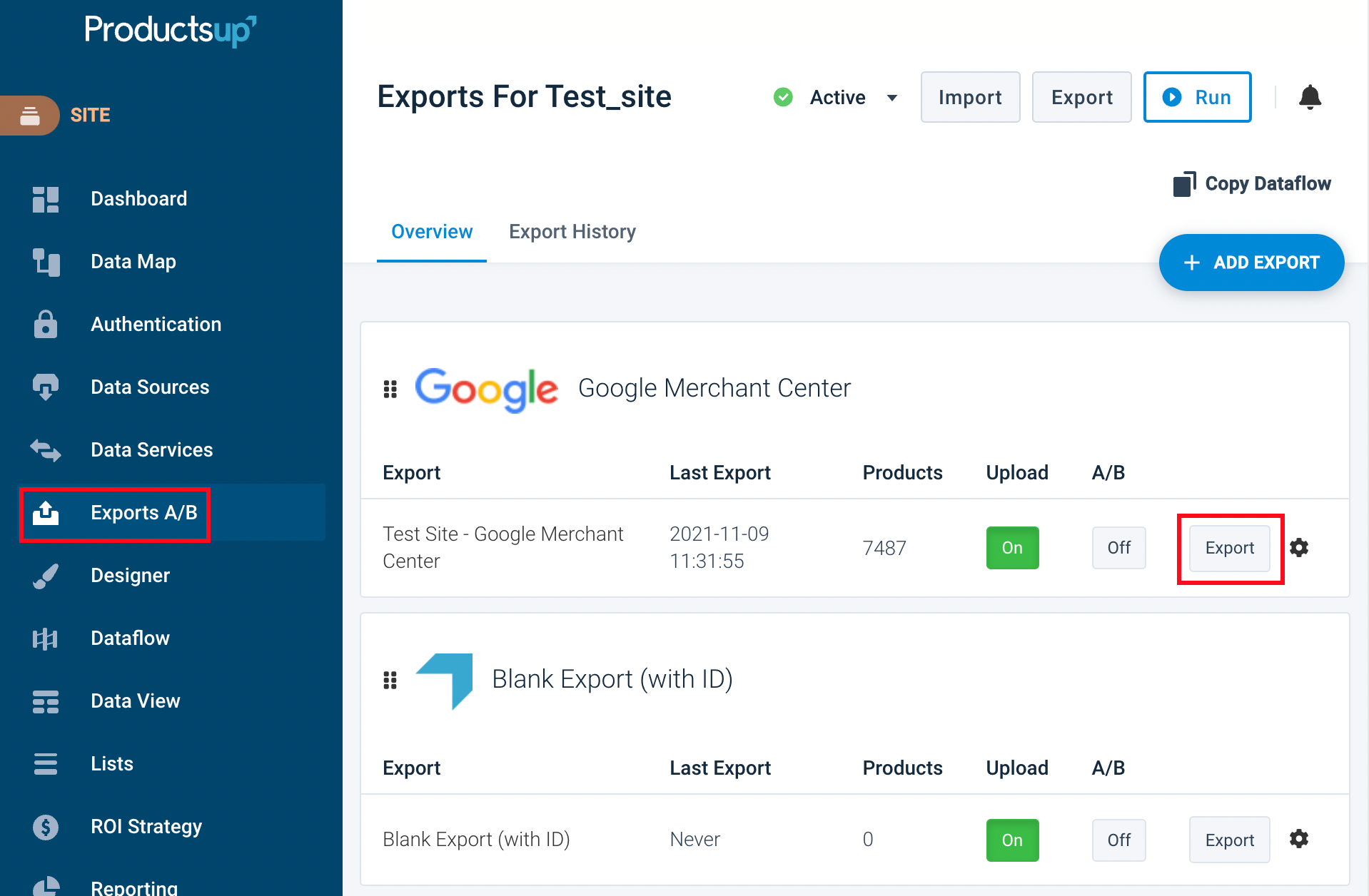 Exporting product data for specific channels via Exports A/B view
