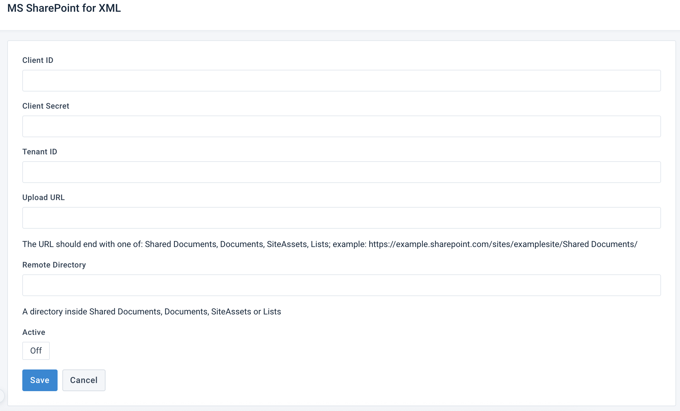 MS SharePoint for XML destination set up