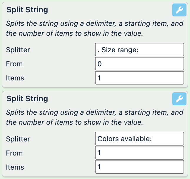 rule box 1: Splitter: ". Size range:", From: "0", Items: "1"; rule box 2: Splitter: "Colors available: ", From: "1", Items: "1"