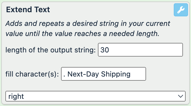 length of the output string: 30, fill character(s): . Next-Day Shipping, drop-down menu: right