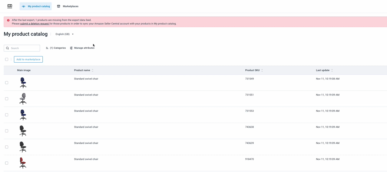 Pending deletion status shown for products planned for deletion, submitting a manual deletion request