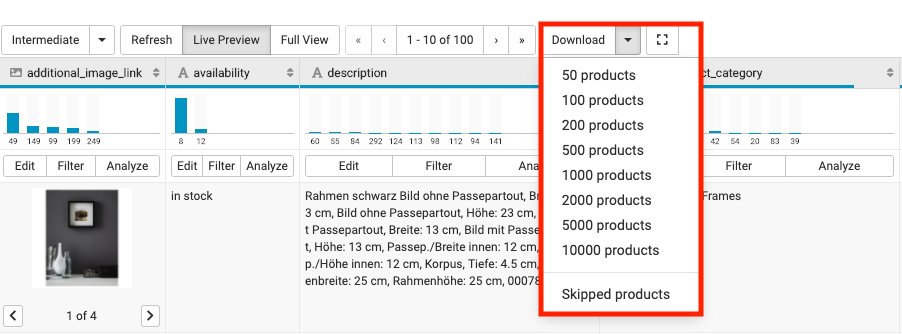 Download a CSV file from the Data View