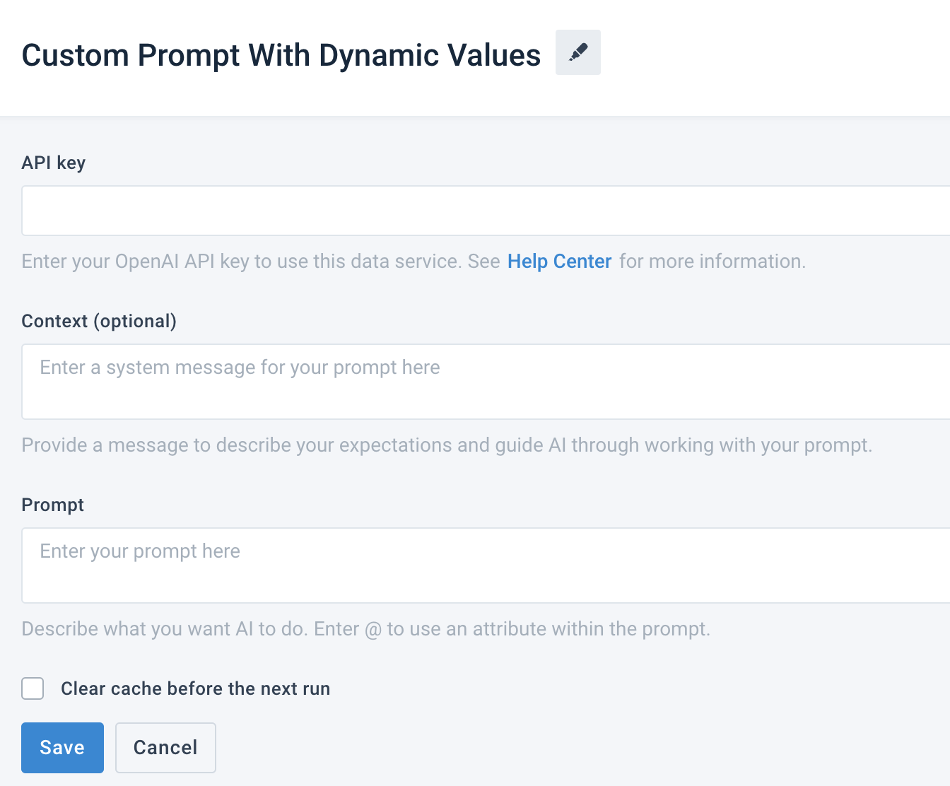 Custom Prompt With Dynamic Values data service setup page