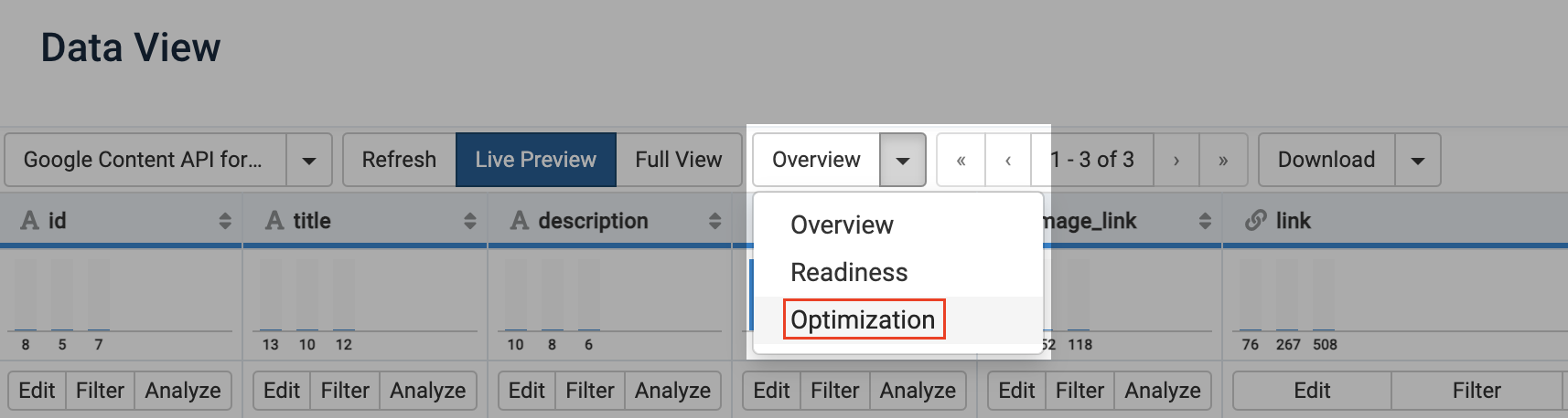 Open the Overview drop-down menu to select Optimization and access the Channel optimization view