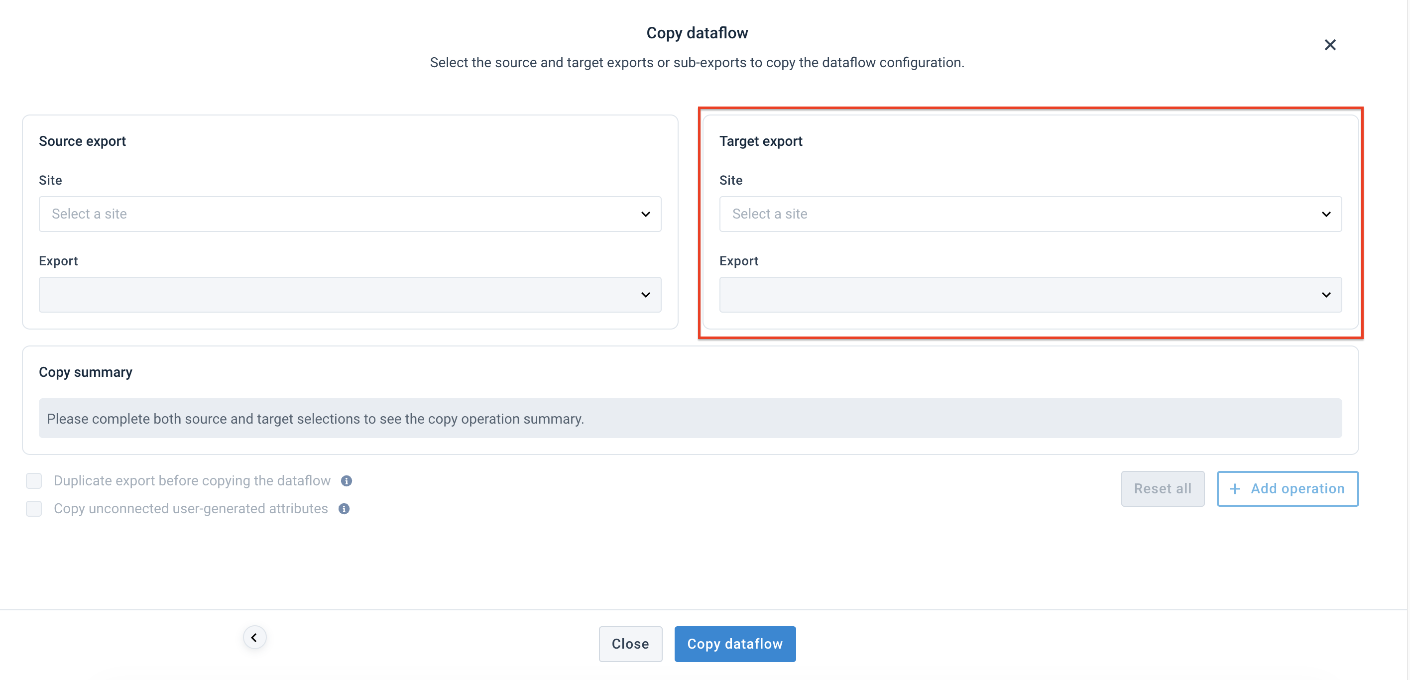 The Target export section of Copy Dataflow