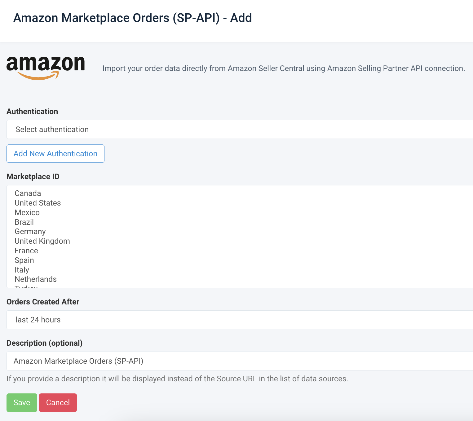 Set up the data source Amazon Marketplaces Orders by filling out these fields