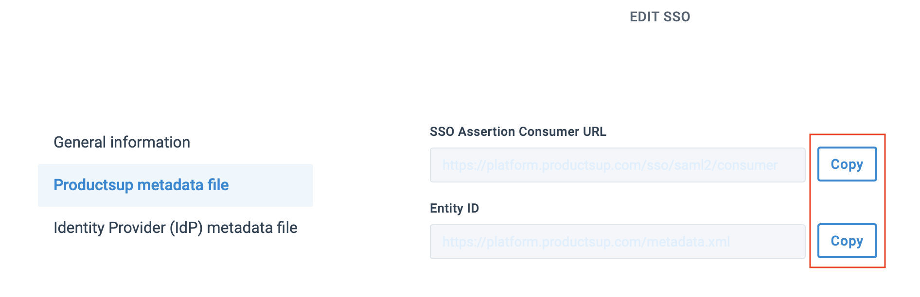 Copy SSO Assertion Consumer URL to pass to IdP in Productsup