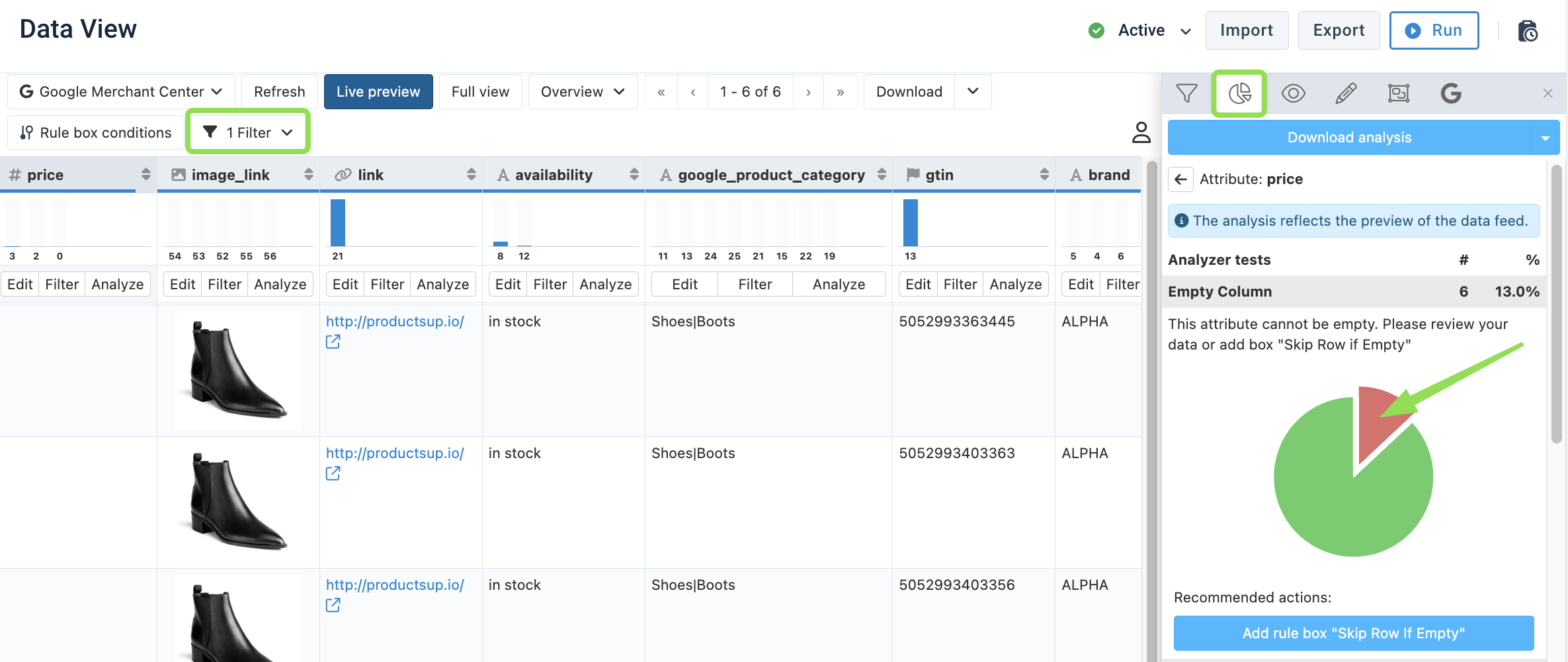 Filtering to Failing an Analyzer test products only in Data View