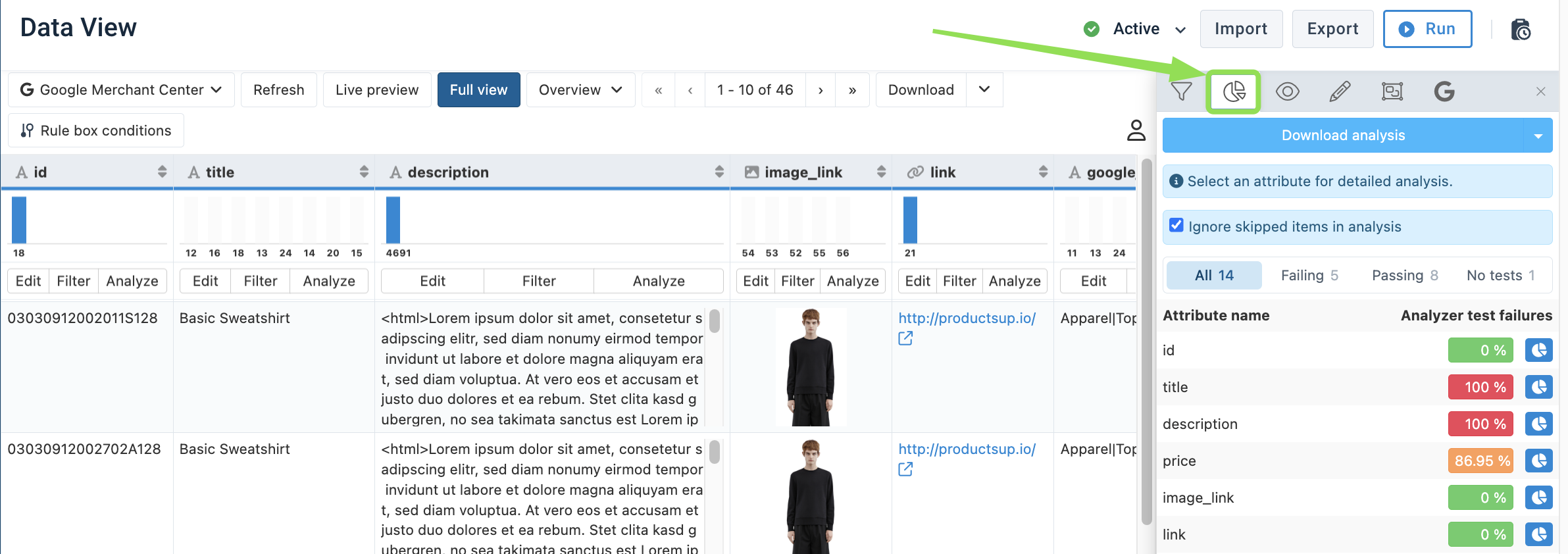Analyze pie-chart button in Data View