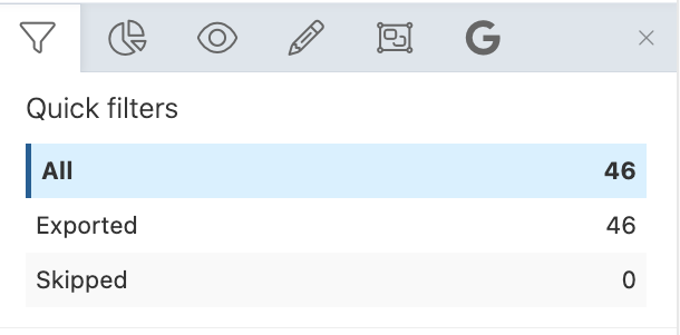 Quick filters in Data View: All, Exported, Skipped