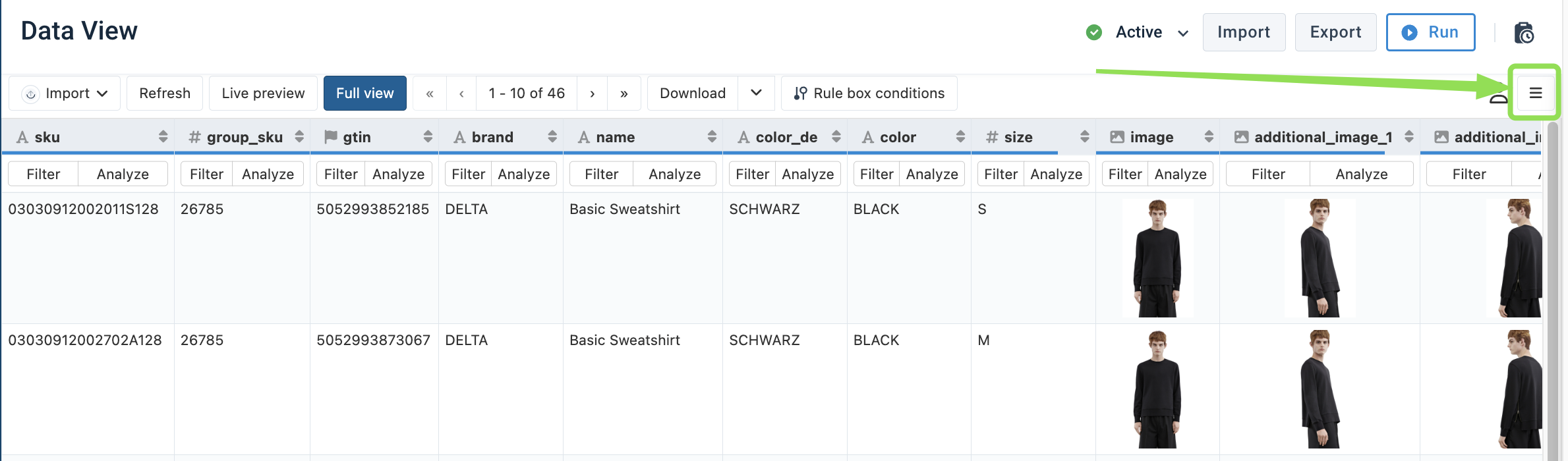 Data View: Menu button to access Filters