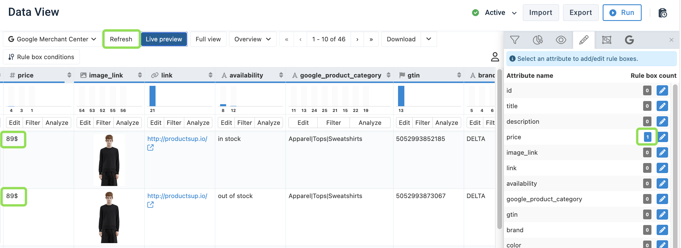 Applied rule box results for the Price attribute in Data View