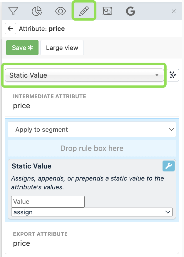 Static Value rule box selected in Data View