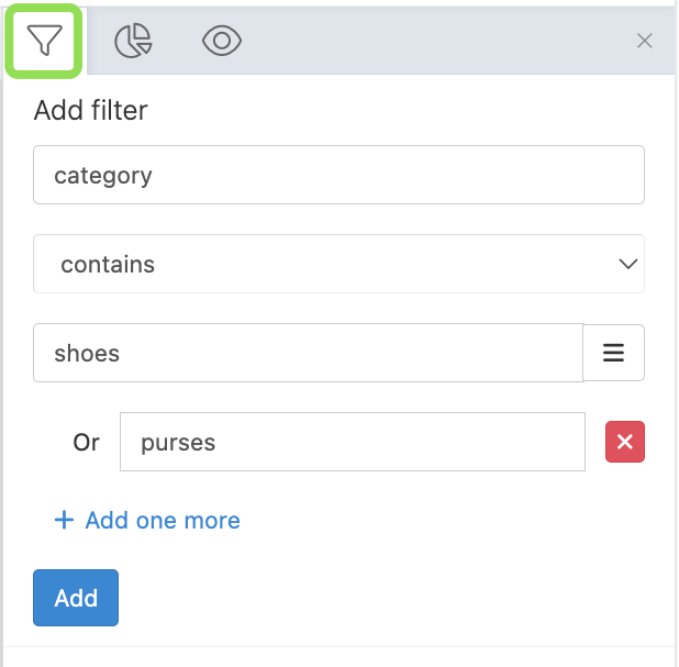 Filter setup for a product segment that groups shoes and purses
