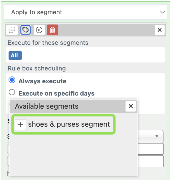Available Segments window for attaching a segment to a rule box