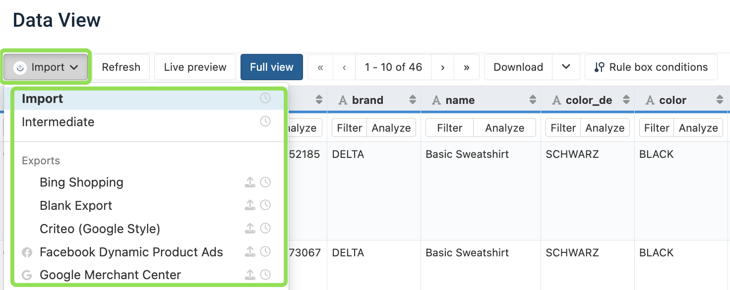Stage and Export selector in Data View